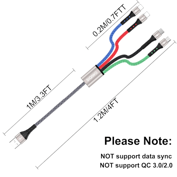 Multiladdningskabel 3A 2-pack 4FT 4 i 1 nylonflätad multipel USB