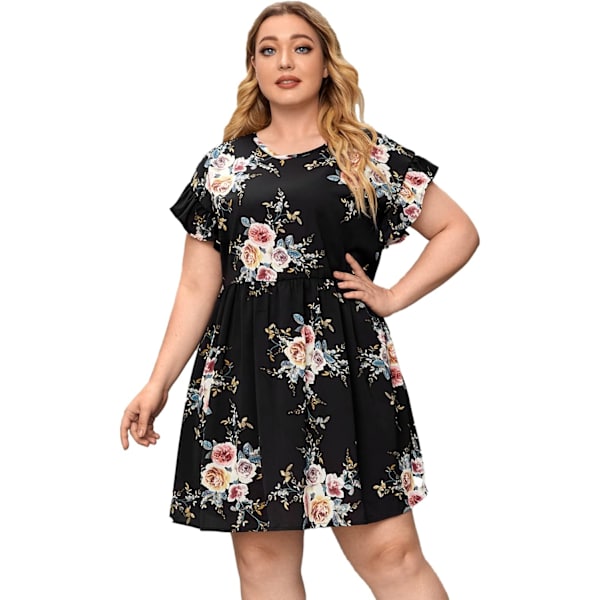 Plus Size Dame Tropisk Blad Print Flæseærmet Plisseret Kort Kjole