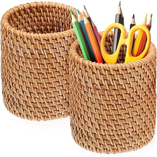 2 stk Rttn ncil Holder  n Cup Wicker Mkeup Brushes Holder Woven Vine n Continer Desk Orgnizer for Home Office Desktop Kitchen Utensil