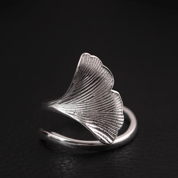 925 Silver Handgjord Ginkgo Blad Öppningsring