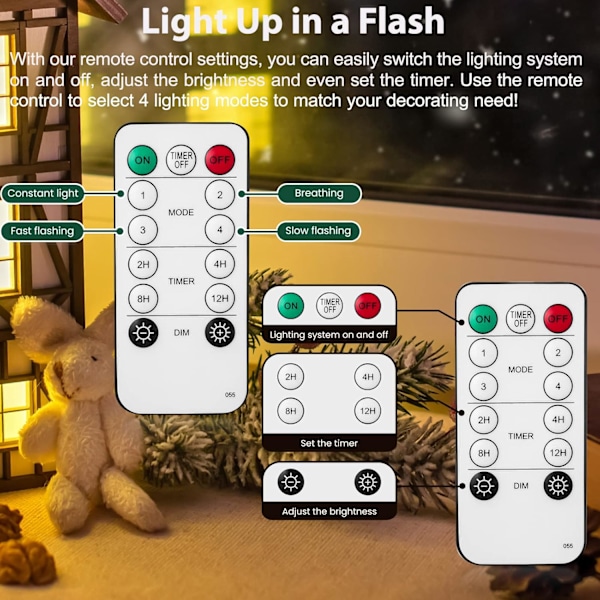 Fjärrkontrollbelysningssystem, 9,8 fot tillbehörsledning med 5LED C7 varmvita glödlampor, 2-pack, inbyggda 4 belysningslägen och timer, perfekt för