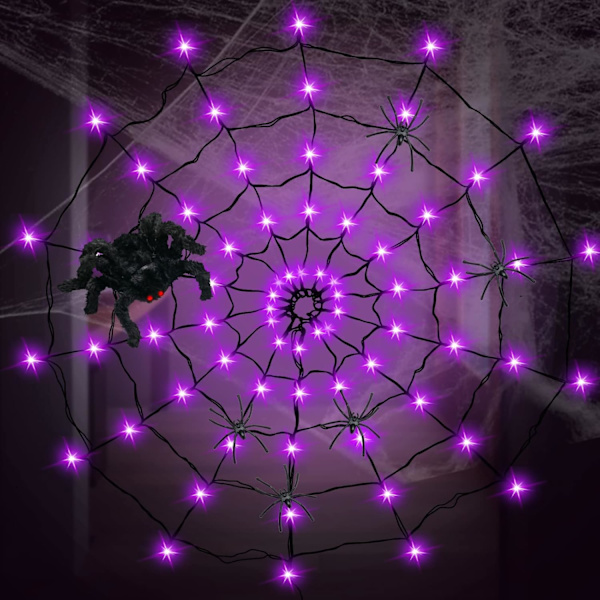 Halloween-dekorasjoner edderkoppnettlys, 70 LED-edderkoppnettlys for Halloween-dekorasjon innendørs utendørs vanntett, edderkopp LED-lys batteri lilla