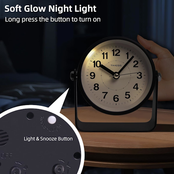 Analog väckarklocka, tyst icke-tickande kvartsrörelse, batteridriven med snooze och on-demand-ljus, enkel att ställa in, skonsam väckning, sängbord, skrivbord, svart
