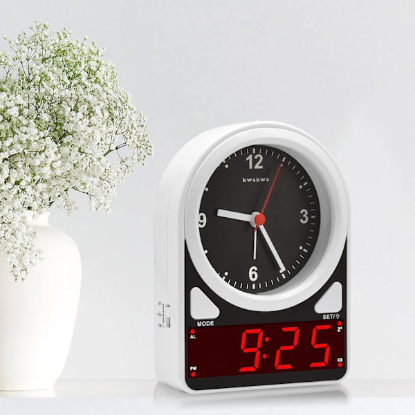 Väckarklocka, Analog klocka & LED digital klocka, Ljussensor LED klocka, Snooze, 12 timmar, Väckarklocka för sovrum, vardagsrum, bokhylla, barn, vit