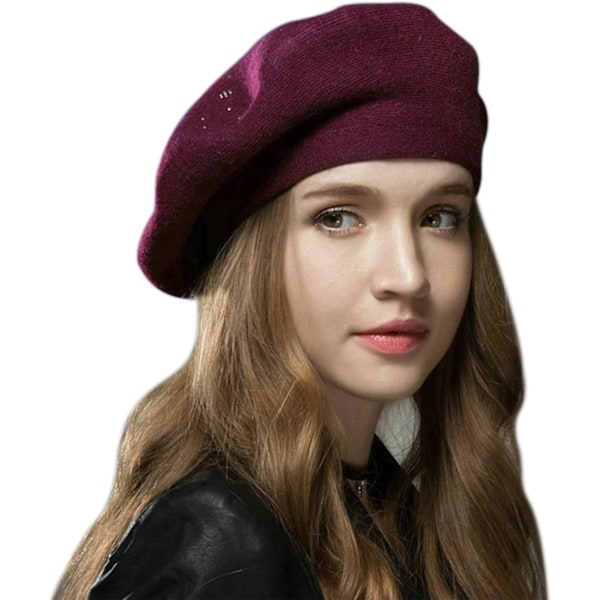Kvinners Beret Lue Fransk Ull Beret Lue Beanie Cap Klassisk Ensfarget Høst Vinter