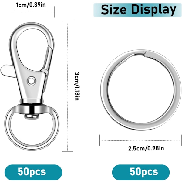 100-delers nøkkelringkroker med nøkkelringer - Sølvfargede karabinkroker for snorer og håndverk
