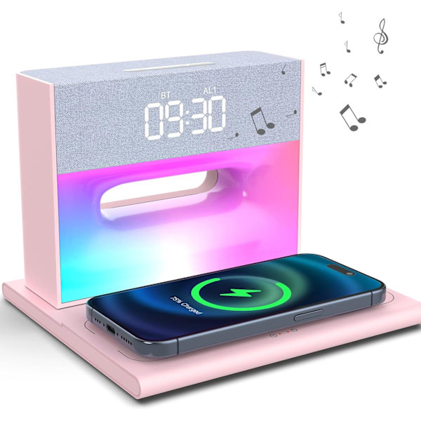 Til soveværelser, vækkeur Bluetooth-højttaler, vækkeur med trådløs opladning, 4 i 1 touch-senglampe, Bluetooth-vækkeur til tunge pink