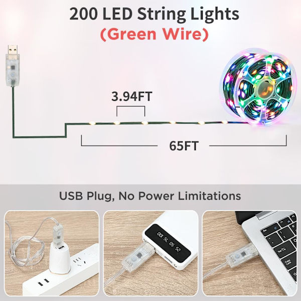 65ft Lyslenke, 200 LED Lys Fargeskiftende Lyslenke Vanntett, 200+ Forhåndsinnstilte Scenemoduser, Smart App & Fjernkontroll for Innendørs Utendørs Jul
