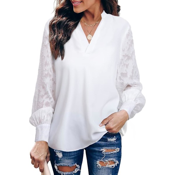 Womens Lace Long Sleeve Blouse V Neck Casual Loose Shirt Tops