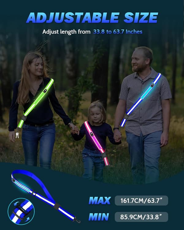 LED Refleksbelte - 5 Lysfarger & 3 Lysmoduser Høy Synlighet Nattsikkerhetsbelte for Gåing om Natten Oppladbart Lysende Løpeutstyr