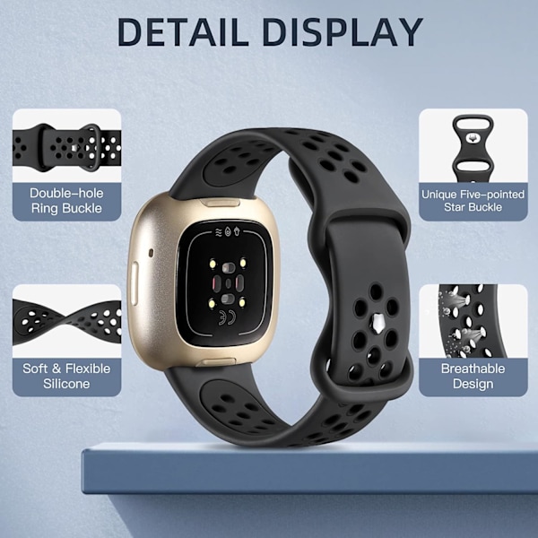 Andningsbar silikonring med dubbla hål med snäppspänne för Fitbit Versa 3/Sense