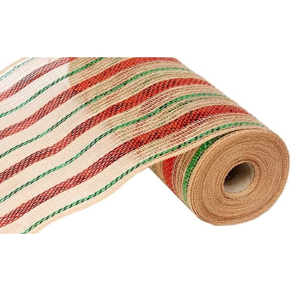 Jute-stribet juledekoration i hessian - 10\" x 10 yards, natur, jute, rød,