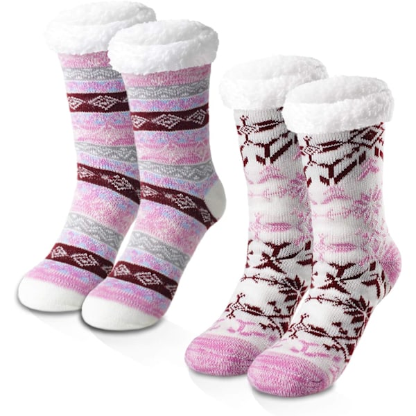 2 Pairs Thick Knit Fleece-lined Slipper Socks - Soft Thermal Stockings