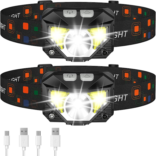 Vedenkestävä otsalamppu, 1200 lumenin superkirkas LED ladattava otsalamppu, 8 tilaa ulkoiluun, retkeilyyn, juoksuun, patikointiin, kalastukseen, 2 kpl
