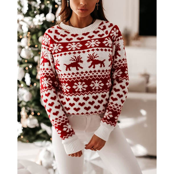Kvindernes jule snefnug rensdyr strikket sweater hjerte dyr