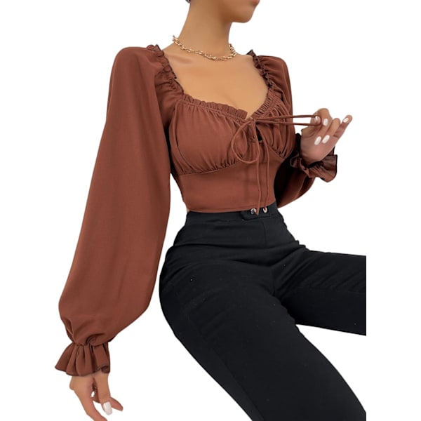 Kvinnors långärmad volang trimmad crop top rynkad volang blus