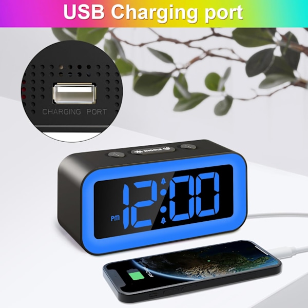 Färgglad nattlampa LED digital väckarklocka med superhög dubbelalarm, vardagsläge, snooze, dimmer, USB-laddningsport för vardagsrum, sovrum,