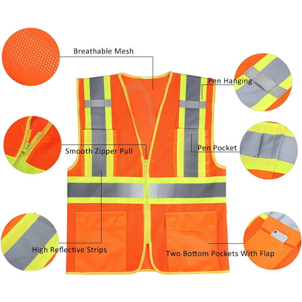 Refleksvest med høy synlighet og glidelås og lommer, oransje, L