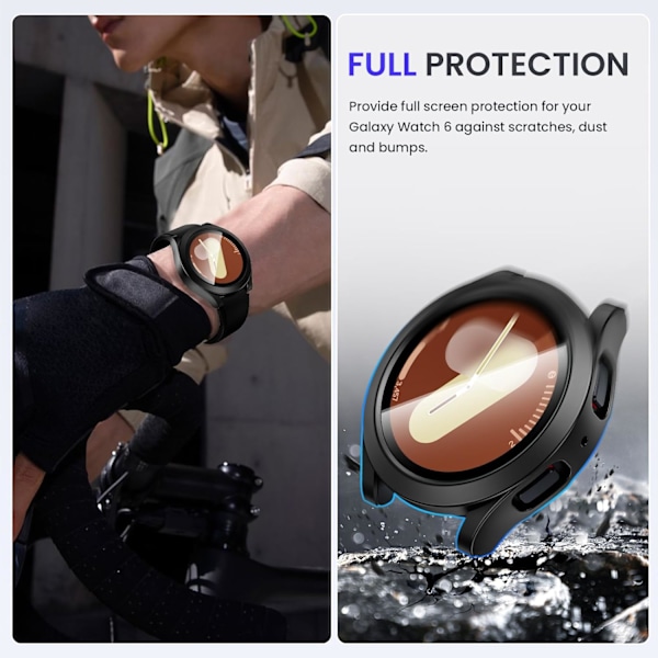 Vandtæt etui til Galaxy Watch 7 skærmbeskytter 44mm, [Ingen Dug] Hærdet glas frontcover kompatibelt med Watch 7 tilbehør 44 mm Sort Galaxy
