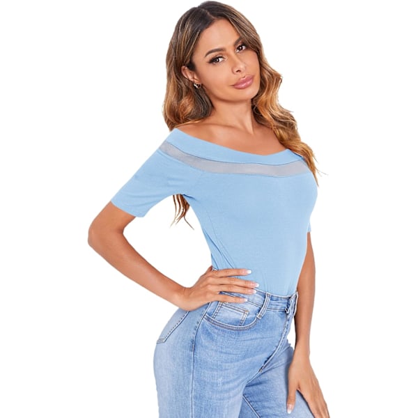 Kvinners Sexy Off Shoulder Kort Ermet Slim Fit Mesh Insert Topp Skjorte