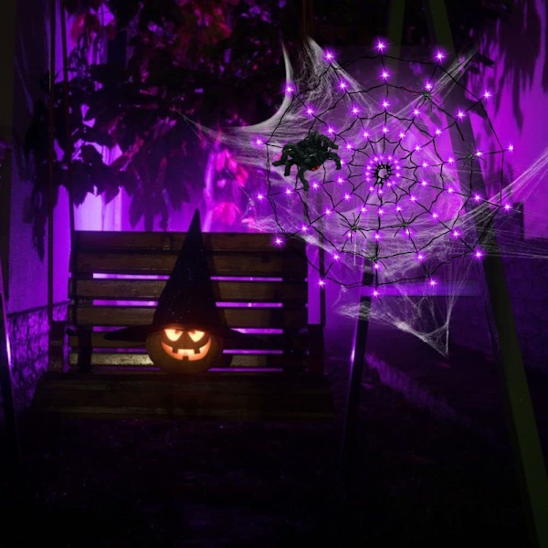 Halloween-dekorasjoner edderkoppnettlys, 70 LED-edderkoppnettlys for Halloween-dekorasjon innendørs utendørs vanntett, edderkopp LED-lys batteri lilla