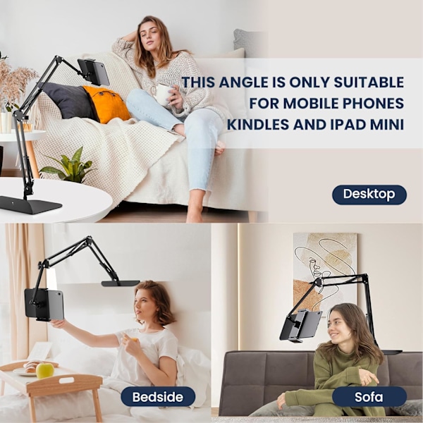 Justerbart Tabletstativ för Sängen - Vikbart Telefonhållare för Sängen Liggande, Sängbord Tablet Skrivbordsarmfäste för Kindle, Ipad Mini, iPhone Svart