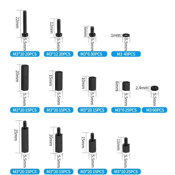 310 stk M3 hann-hunn nylon sekskant avstandsstykke sett
