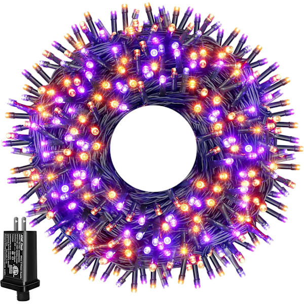 Halloween-lys utendørs, 300 LED 100FT oransje og lilla med 8 moduser timer, plugg inn Halloween-lyskjede for innendørs utendørs husgård