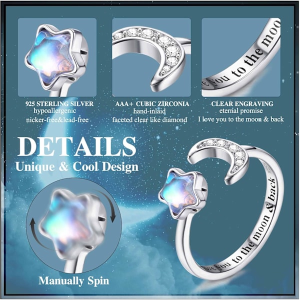 925 Sterling Sølv Fidget Ringe - Justerbar Månesten og CZ Måne Stjerne Spinner Ring