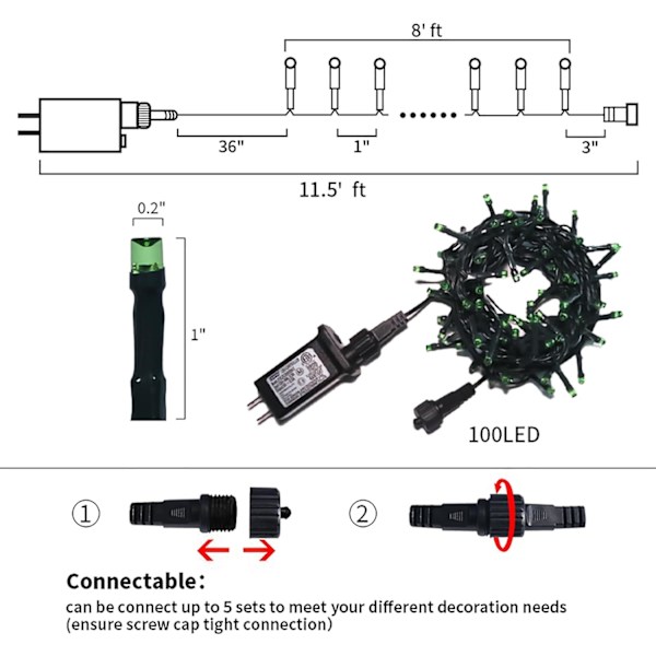 LED Grønne Julelys - Mini Grønne Lyslenke Plug in, 8 Moduser Utendørs Grønne Julelys for Tre St. Patrick's Day Fest Svart