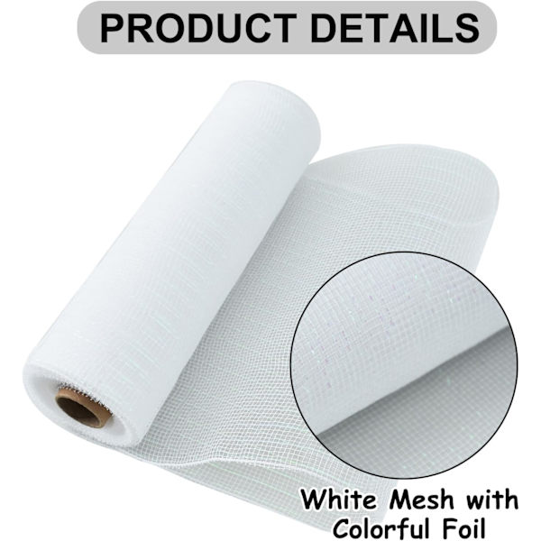 Hvid Metallic Deco Mesh Bånd 10 Tommer x 10 Yard Stof Mesh Rulle Dekorativ