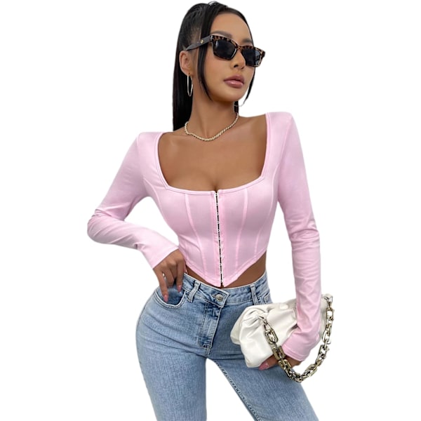 Kvindernes Langærmet Crop Top Tee Square Neck Basic T-shirt