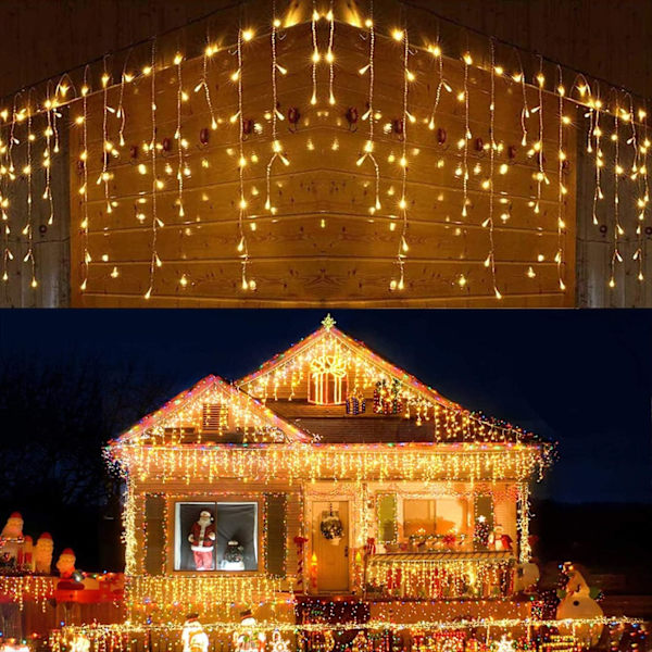 Jule LED istappgardin fe lys utendørs innendørs hengende lyslenke 32,8 fot 400 LED 8 moduser lys for varmt hvitt