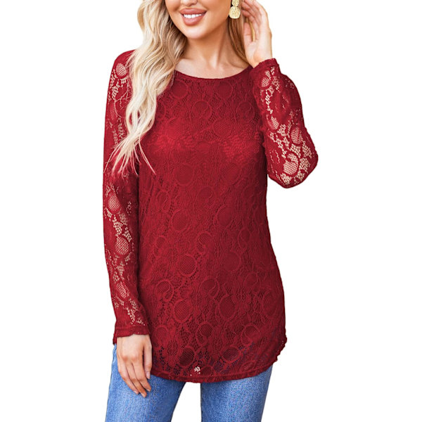 Kvinners blonder lang ermet topp buet kant dobbelt lag bluse skjorte topper XL