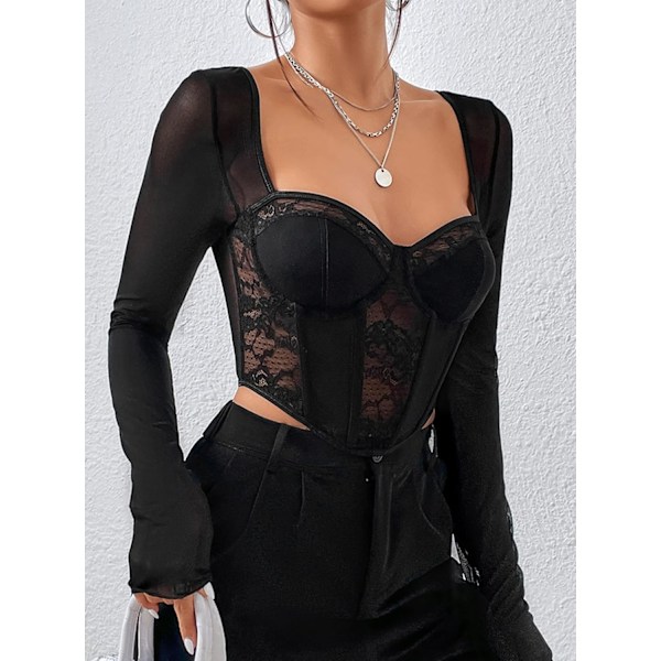 Kvinde Sweetheart Neck Sheer Mesh Langærmet Bustier