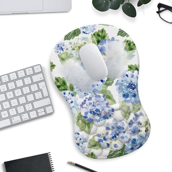 Blå Hortensia Ergonomisk Musmatta med handledsstöd, Vit Söt Blå Blommig Musmatta Kawaii Handledsstöd Smärtlindrande Musmatta med Minnesskum Blå