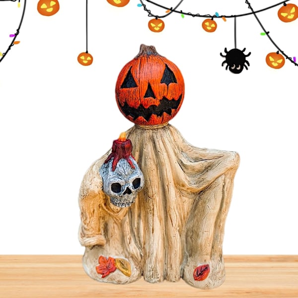 Græskarspøgelsesstatue | Spooky Pumpkin Ghost Figurer Resin Statuer, der holder kranie | Figur Hjem Bordplade Dekorationer Hvid