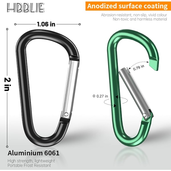 2 aluminium D-ring karabinkroker Klips - 20 ST Fjærbelastet nøkkelring karabinkroksett