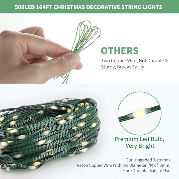 164FT 500 LED Julgransljus, 8 lägen Julgransljus med timerminnesfunktion, Gröna trådstjärnformade ljusslingor för jul