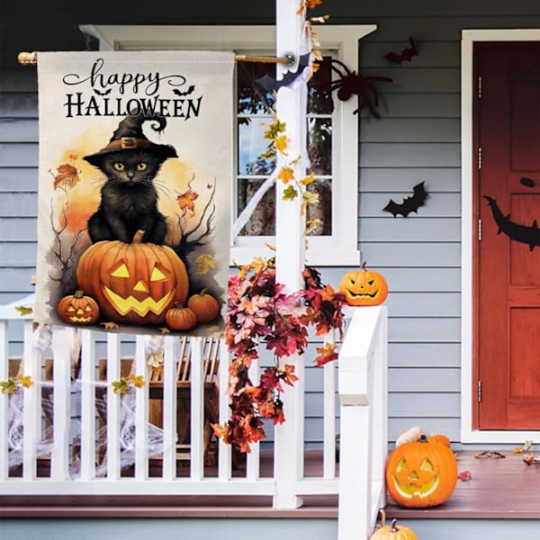 Halloween Kat Have s 28x40 Dobbeltsidet Happy Halloween Efterår Græskar Dekoration Til Hjem Udendørs Sjov Have Sækkestof s Efterår Have  Sort-2 Sort-2