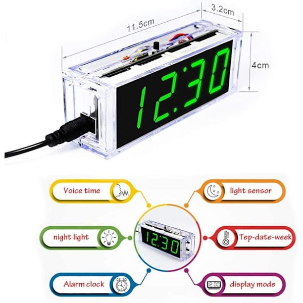 Elektronisk DIY stemme digitalt urfremstillingskit digitalt rør LED-ur enkelt chip mikrocomputer svejsetræningsvækkeur temperatur dato tid