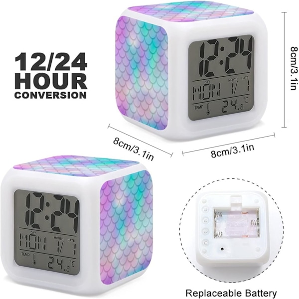 Rosa Turkos Lila Gradient Sjöjungfru Svans Fjälls Fjälls 7 Färg LED Ändra Digital Lysande Väckarklocka, LED Kub Nattljus Klocka, Vakna