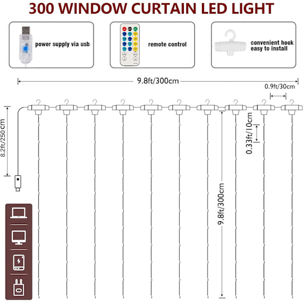 Fönstergardin ljusslinga, 300 LED 8 belysningslägen Fe-ljus med