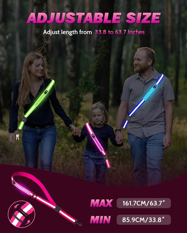 LED Refleksbelte - 5 Lysfarger & 3 Lysmoduser Høy Synlighet Nattsikkerhetsbelte for Gåing om Natten Oppladbart Lysende Løpeutstyr