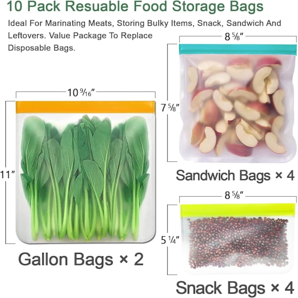 Gjenbrukbare matlagringsposer - 10-pakning BPA-frie Ziplock/fryseposer (2
