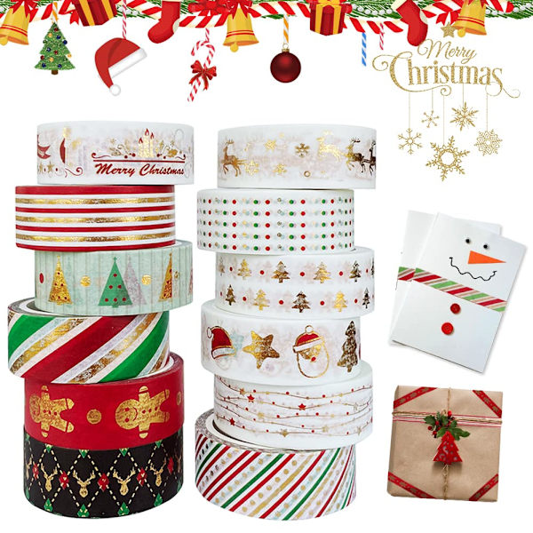 Jule Washi Tapes Set - 12 ruller med dekorative teiper for håndverk og gaveinnpakning