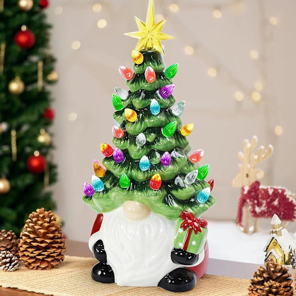 Lighted Gnome Resin Tree Julepynt til hjemmet, 6,3 tommer Light Up Gnome Decor Batteridrevet Samleobjekter Figurer til Bogreol Bord