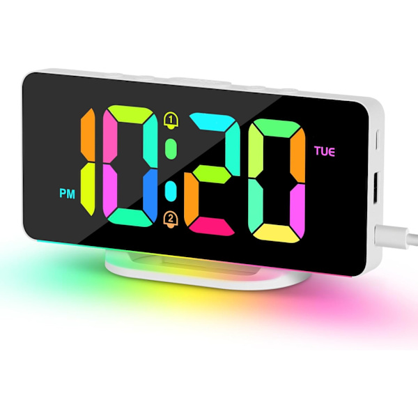 RGB Digital väckarklocka för sovrum med färgskiftande nattlampor, dubbla larm med snooze, dimmer, justerbar larmvolym, dubbla USB och