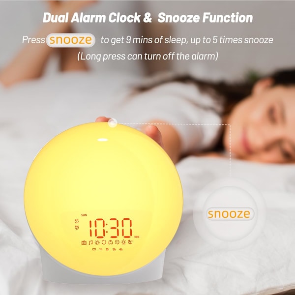 Väckarklocka med soluppgångsljus för alla, simulering av soluppgång och solnedgång, sömnstöd, dubbla alarm, FM-radio, snooze, nattljus 13 färger 23 sömn