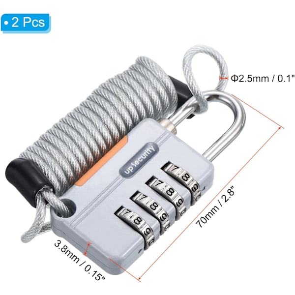 Bagagekabel Låse, 2 stk. 4-cifret Kombinationshængelås med 3,3Ft Fjederkabel, Sikkerhedstrådlås til Fitnesscenter Skab Rygsæk Kufferter, Grå Grå